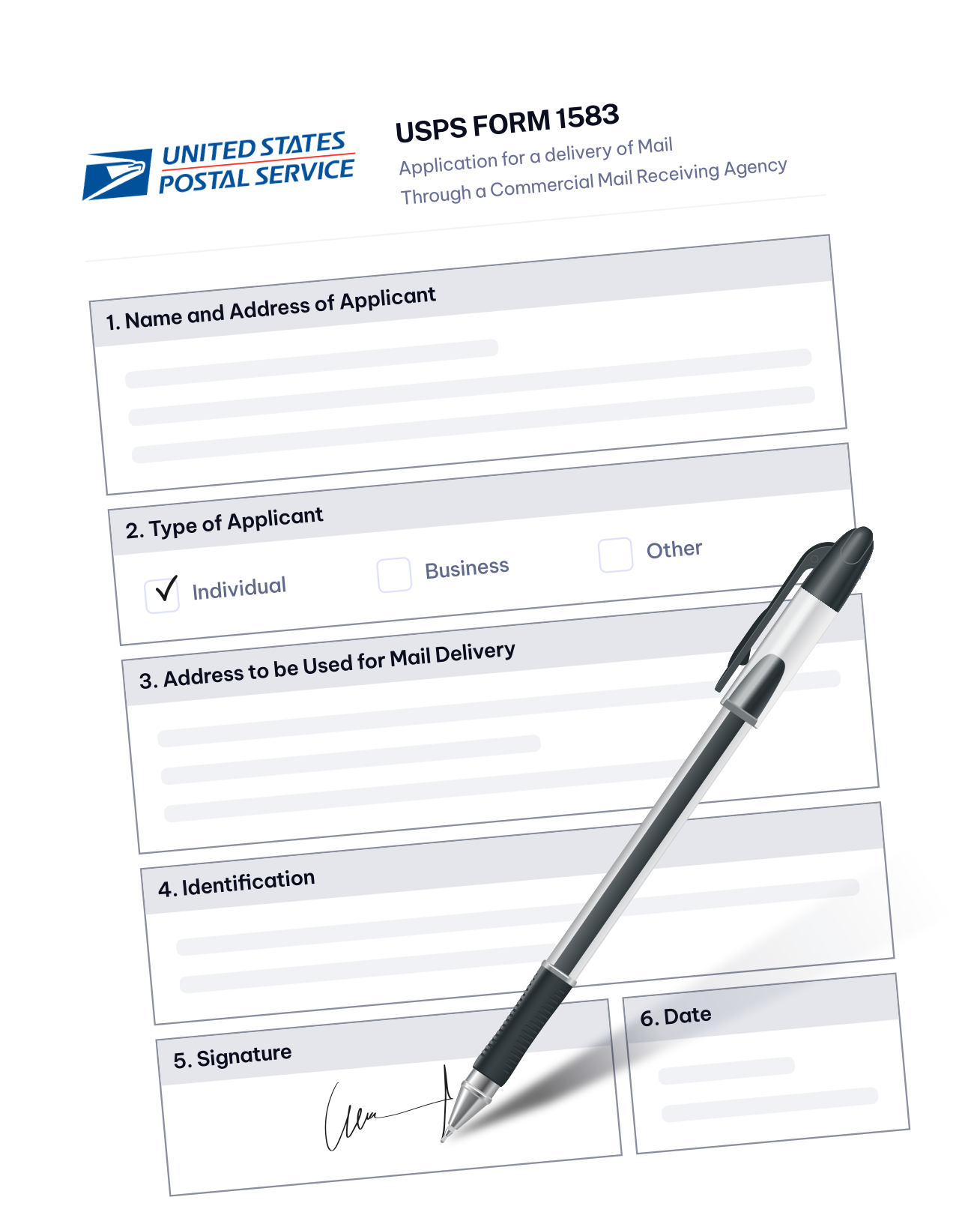 USPS Form 1583 with a pen