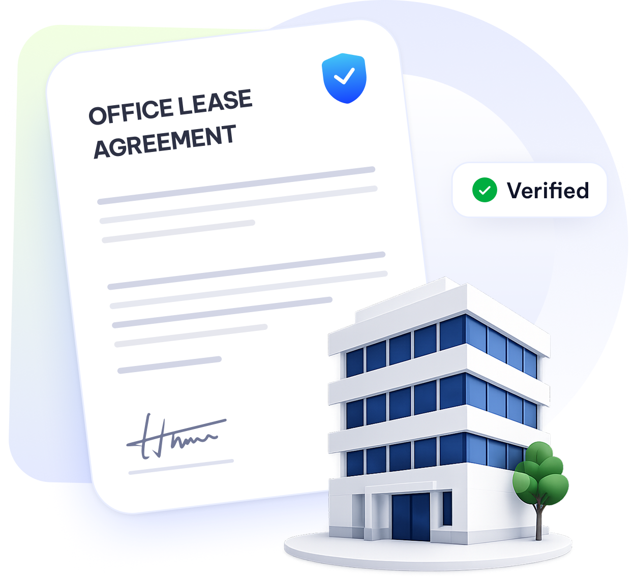 Signed office lease agreement for a US commercial building, marked verified